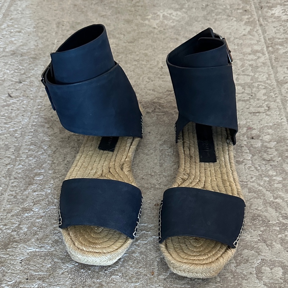Stylish Navy Blue Leather Espadrilles with Wrap Strap